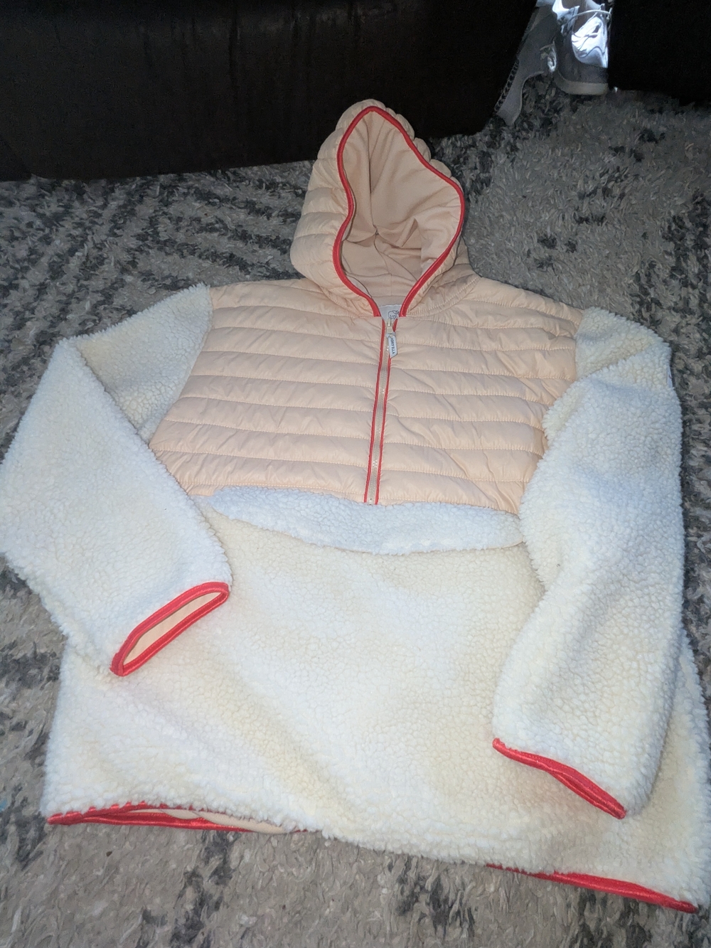 ivory ella Cream Sherpa Pullover with Peach Quilted Hood and Coral Trim Accents